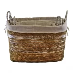 Set Of 3 Fabric Lined Raffia & Silver Baskets