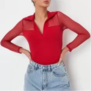 Missguided Crepe Mesh Polo Neck Bodysuit - Red