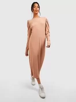 Boohoo Soft Rib Rouched Sleeve Midaxi Dress - Stone, Size 8, Women