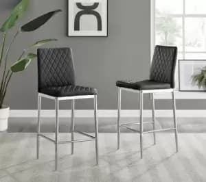 Set of 2 Milan Hatched Faux Leather Padded Bar Stools With Silver Chrome Metal Legs