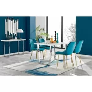 Kylo White High Gloss Dining Table & 4 Blue Pesaro Gold Leg Chairs - Blue