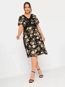 Yours V Neck Lace Detail Dress, Black, Size 18, Women