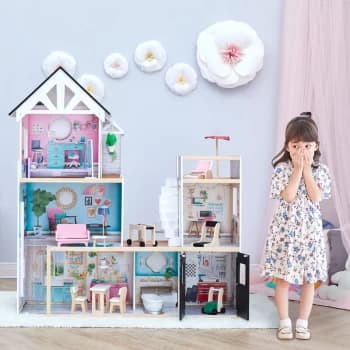 Olivia's Little World - by Teamson Kids Large Dreamland Mansion Wooden Dolls House 3-Floors & 18 Accessories, Interactive Dollhouse with Lift &