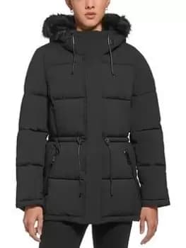 DKNY Mid Length Padded Jacket With Faux Fur Collar, Black, Size L, Women