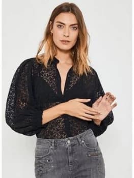 Mint Velvet Floral Puff Sleeve Top - Dark Blue