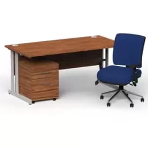 Impulse 1800 x 800 Silver Cant Office Desk Walnut + 2 Dr Mobile Ped & Chiro Med Back Blue W/Arms