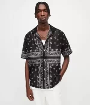 AllSaints Mens Pima Bandana Print Shirt, Black/Grey, Size: M