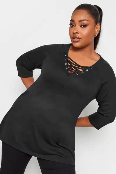 Yours Lattice Detail Eyelet Top Black