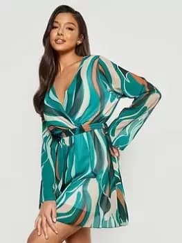 Boohoo Abstract Chiffon Belted Dress - Green, Size 10, Women