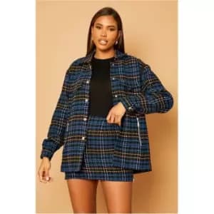 I Saw It First Blue Oversized Checked Shacket With Detachable Sleeves - Blue