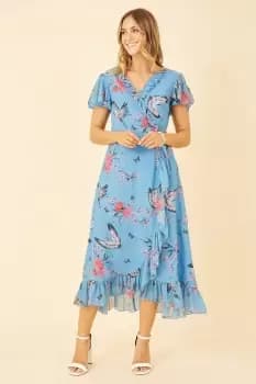 Blue Satin Crane Print Wrap Dress