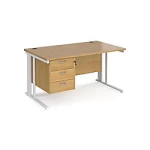 Rectangular Straight Desk Oak Wood Cable Managed Legs White Maestro 25 1400 x 800 x 725mm 3 Drawer Pedestal
