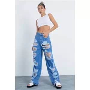 I Saw It First Mid Wash All Over Distressed Wide Leg Jean - Blue