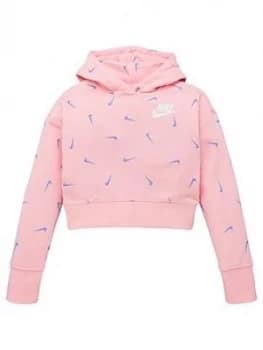 Nike Girls Nsw All Over Print Crop Ft Hoodie - Pink