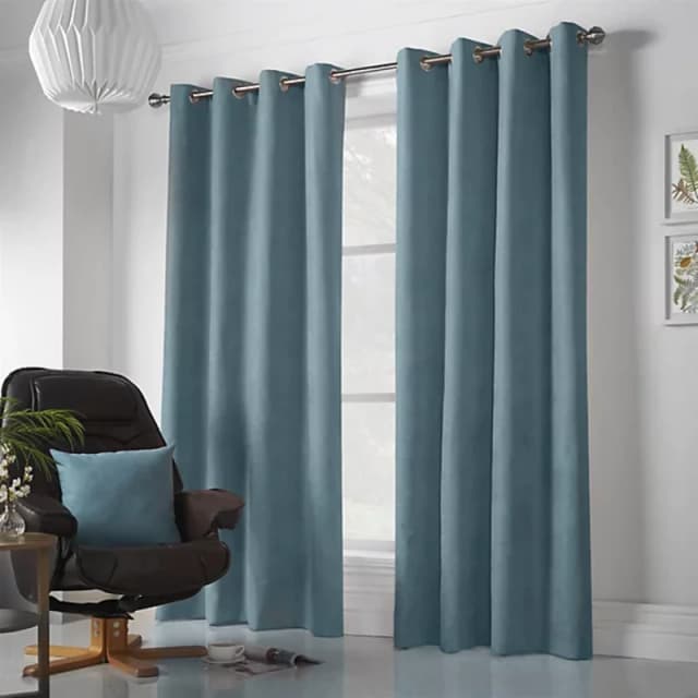 Velvet Chenille Ready Made Eyelet Curtains Teal
