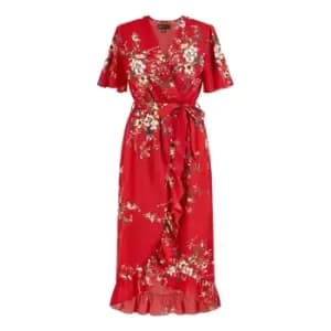 Mela London Red Floral Dip Hem Wrap Midi Dress - Red