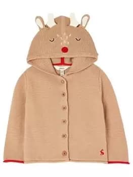 Joules Unisex Baby Alby Reindeer Knitted Hooded Cardigan - Brown, Size Age: 18-24 Months