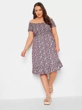 Yours Shirred Bardot Midi Dress Pink Ditsy, Pink, Size 16, Women