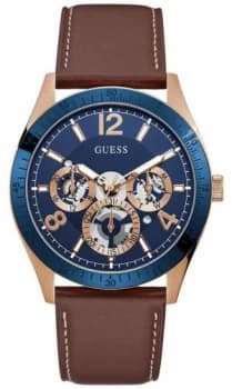 Guess Vector Mens Brown Leather Strap Blue Sunray Dial Watch