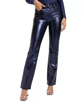 Good American Good Icon High Rise Straight Faux Leather Jeans in Blue Rinse Metallic