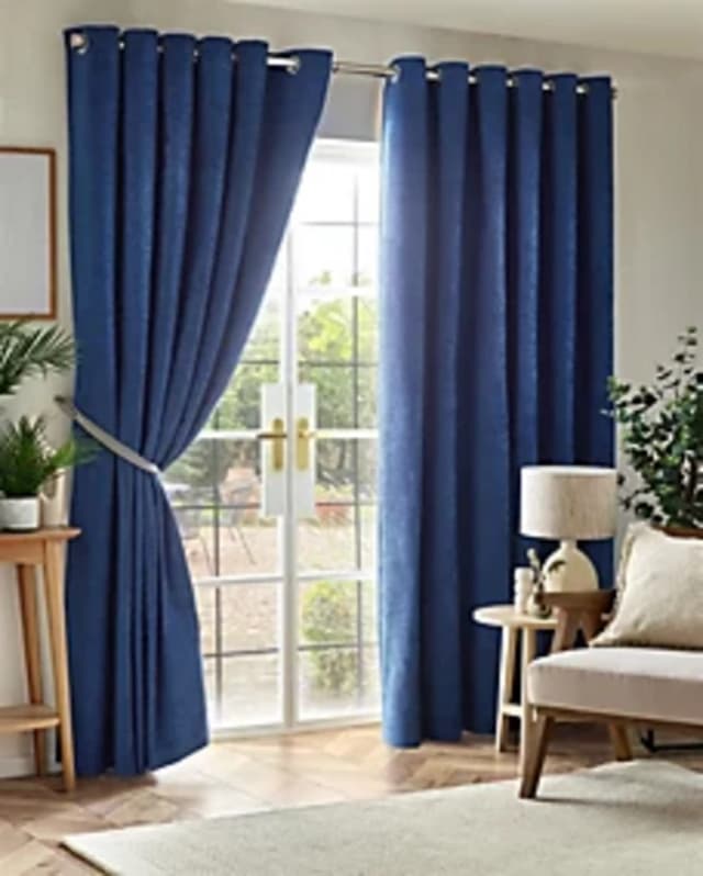 Chenille Triple Woven Ready Made Eyelet Blackout Curtains Blue