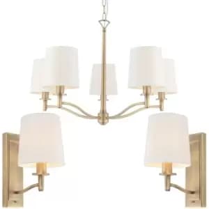 5 Bulb Ceiling Pendant Lamp & 2x Matching Wall Light Matt Antique Brass & Shade