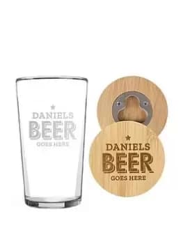 The Personalised Memento Company Personalised 'Beer Goes Here' Wooden Bottle Opener Coaster And Pint Glass