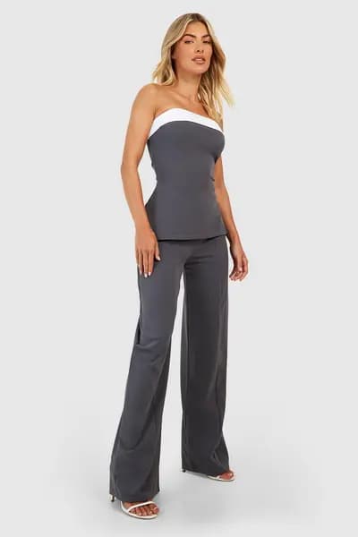 boohoo Crepe Wide Leg Trousers Charcoal
