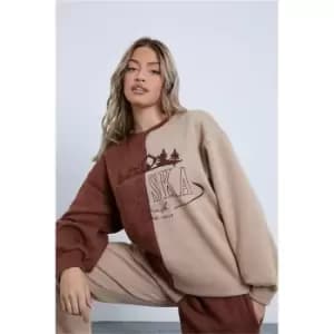 I Saw It First Coord Spliced Embroidered Alaska Sweatshirt - Brown