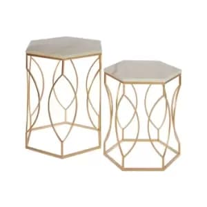 Set of 2 Hexagonal Side Tables in White Marble and Gold