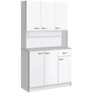 HOMCOM Kitchen Cupboard, Freestanding Kitchen Storage Cabinet with 6 Doors, Drawer, Adjustable Shelves and Open Countertop for Dining Room, White