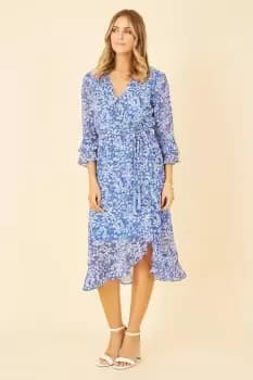 Blue Floral 3/4 Sleeve Frill Wrap Dress