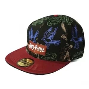 Harry Potter Wizards Unite Logo and Hogwarts Houses Symbols All-Over Print Snapback Baseball Cap- Black/Red
