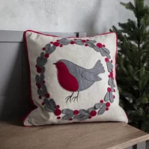 Robin Wreath Cushion Red/Grey/White