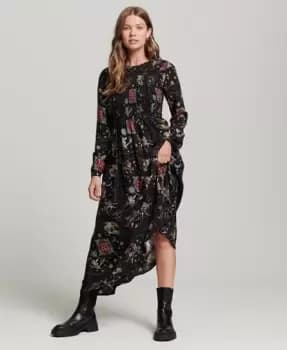 Superdry Womens Long Smocked Dress Black / Bandana Multi - Size: 10