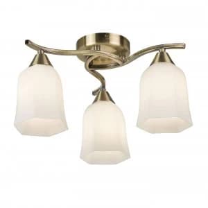 3 Light Semi Flush Multi Arm Ceiling Light Antique Brass, Opal Glass, E14