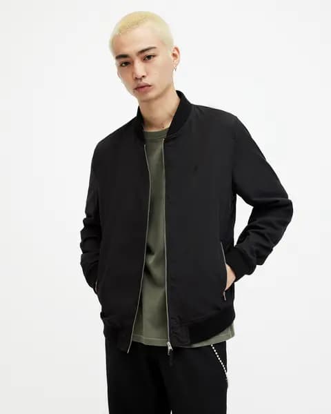 AllSaints Mens Cotton Regular Fit Bassett Bomber Jacket, Black, Size: XL