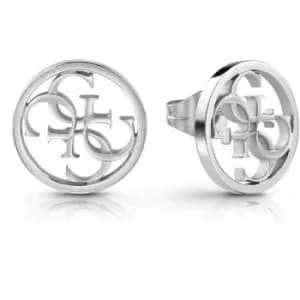 GUESS rhodium plated circular stud earrings with 4G logo.