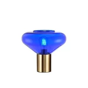 Corinth Wide Table Lamp, E27, Ancient Brass, Blue Ink Glass