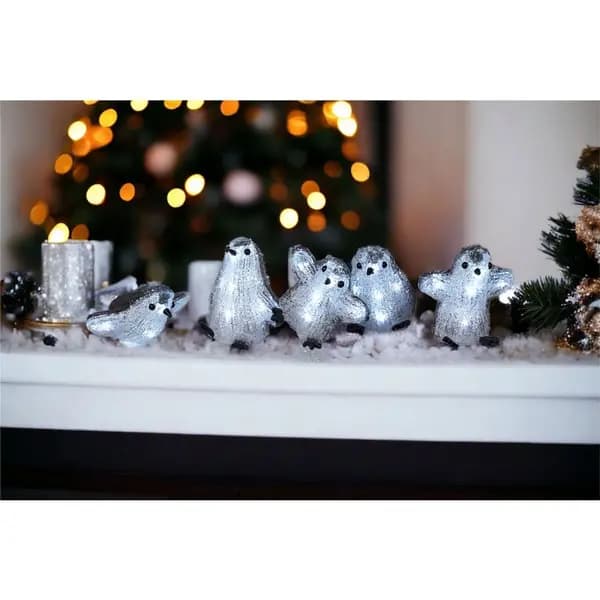 Set of 5 Acrylic Outdoor/Indoor Christmas Penguins Battery Operated with 8 LED Light's Per Birds and On/Off Timer ELV-351881