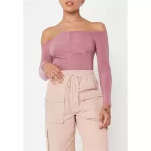 Missguided Off Shoulder Ruched Slinky Bodysuit - Pink
