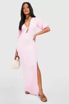 Textured Puff Sleeve Cut Out Detail Maxi Dress