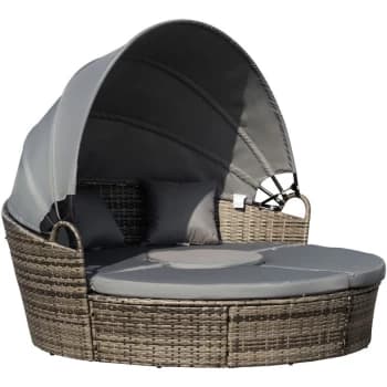 Rattan Garden Furniture Cushioned Wicker Round Sofa Bed with Coffee Table Patio Conversation Furniture Set - Deep Grey - Outsunny