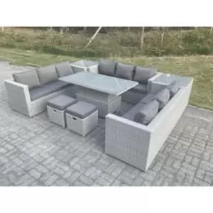 Fimous 9 Seater Outdoor Dark Grey Rattan Lounge Complete Sofa Set with Adjustable Dining Table, 2 Side Tables and 2 Stools