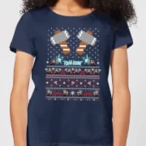 Marvel Avengers Thor Pixel Art Womens Christmas T-Shirt - Navy - L