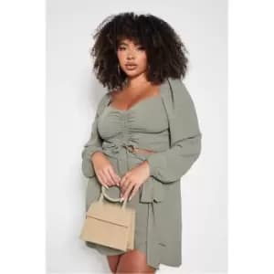 I Saw It First Khaki Plus Ruched Front Volume Sleeve Blouse - Green