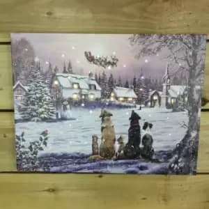 Battery Operated Christmas 40x30cm Dogs Watching Santa Sleigh Over Village Canvas