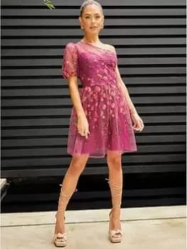 Chi Chi London One Shoulder Embroidered Mini Dress - Red, Size 10, Women