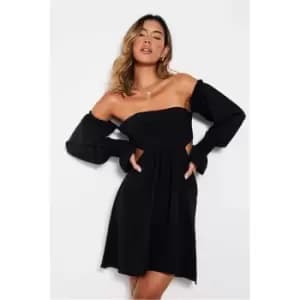 I Saw It First Tiered Puff Sleeve Bardot Mini Skater Dress - Black