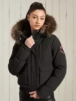 Superdry Faux Fur Everest Padded Bomber Jacket - Black, Jet Black, Size 10, Women
